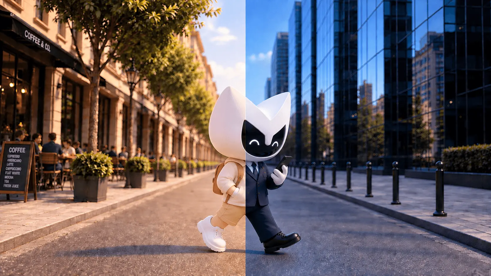 The UmayNow mascot walking down a city street that shifts from day to night
